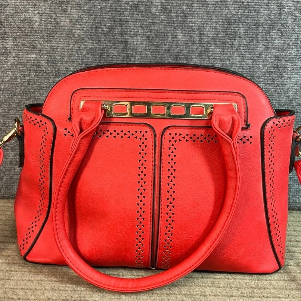 Red Laser Cut Vegan Leather Satchel Crossbody Handbag Gold Hardware